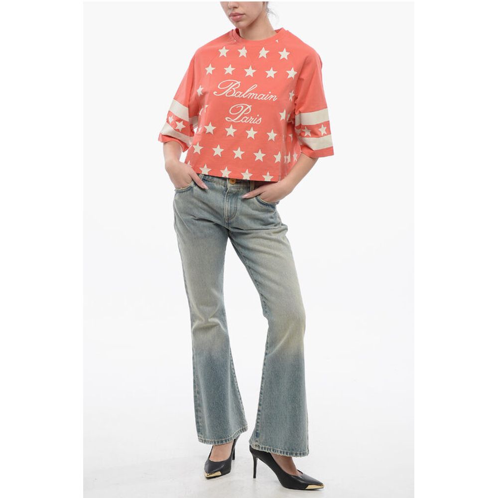 Balmain Cotton STAR Cropped Fit T-Shirt with Printed Logo