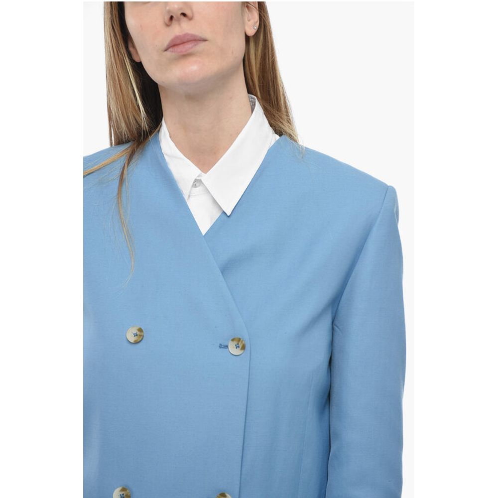 Loulou Studio Double-breasted Lapel-less Flax Blend Blazer