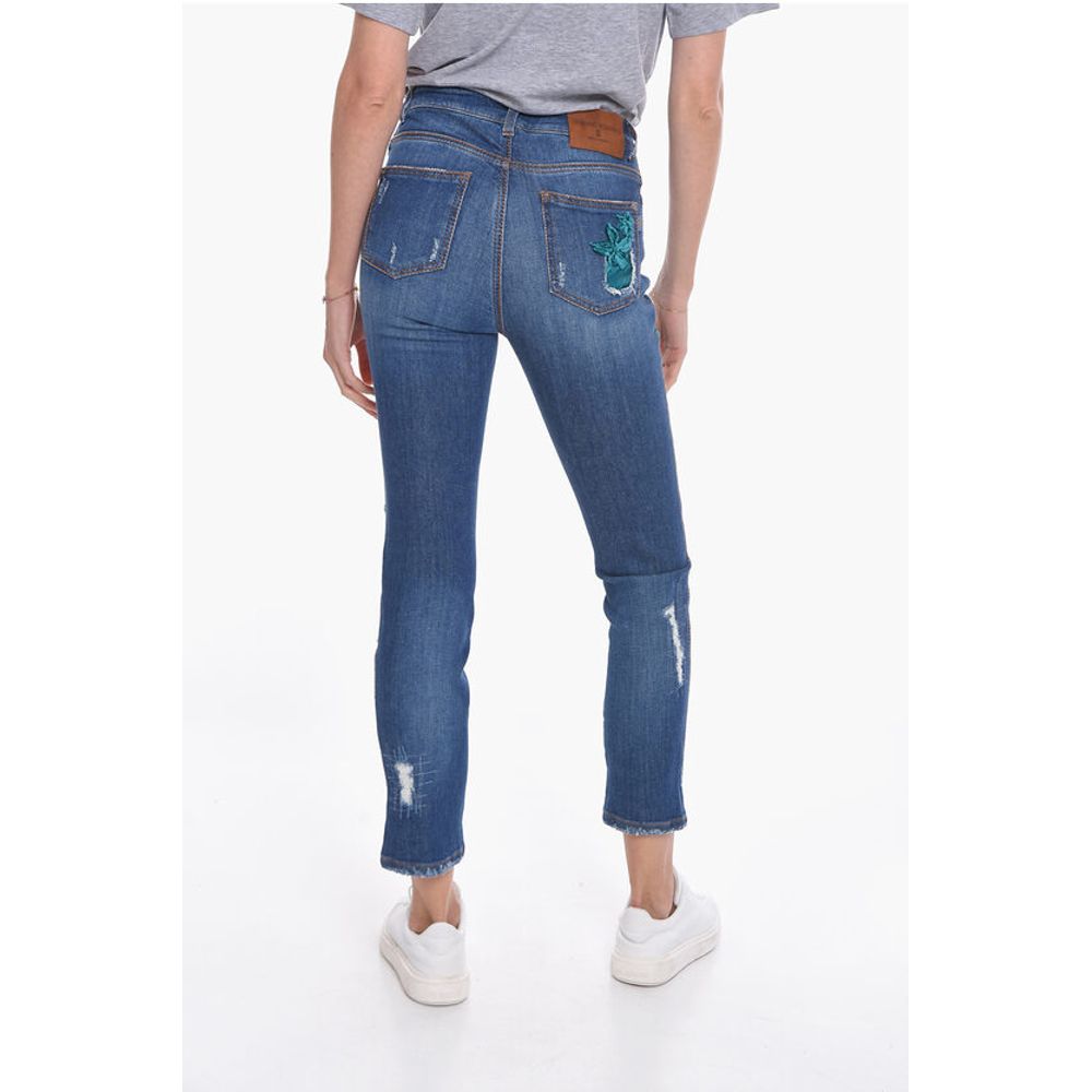 Ermanno Scervino Distressed Slim-fit Denims with Velour Appliqué 15cm