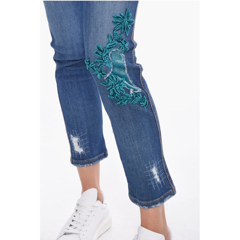 Ermanno Scervino Distressed Slim-fit Denims with Velour Appliqué 15cm