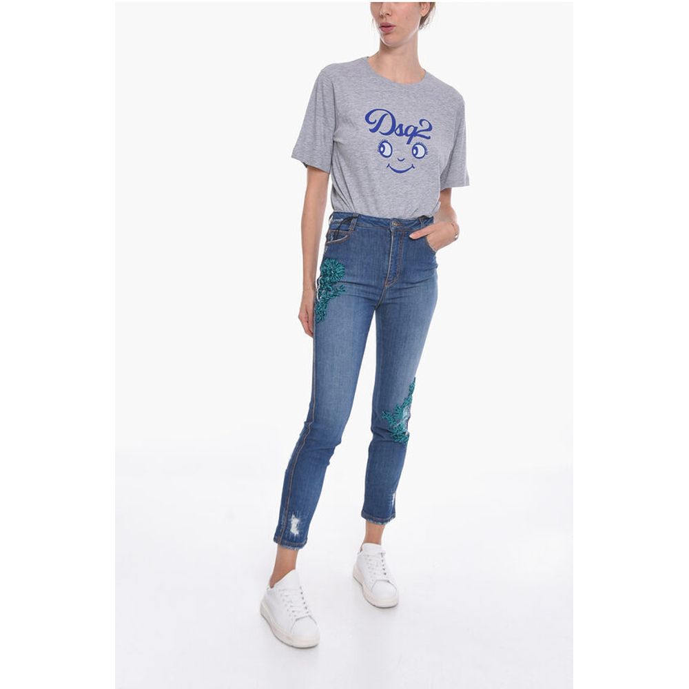 Ermanno Scervino Distressed Slim-fit Denims with Velour Appliqué 15cm