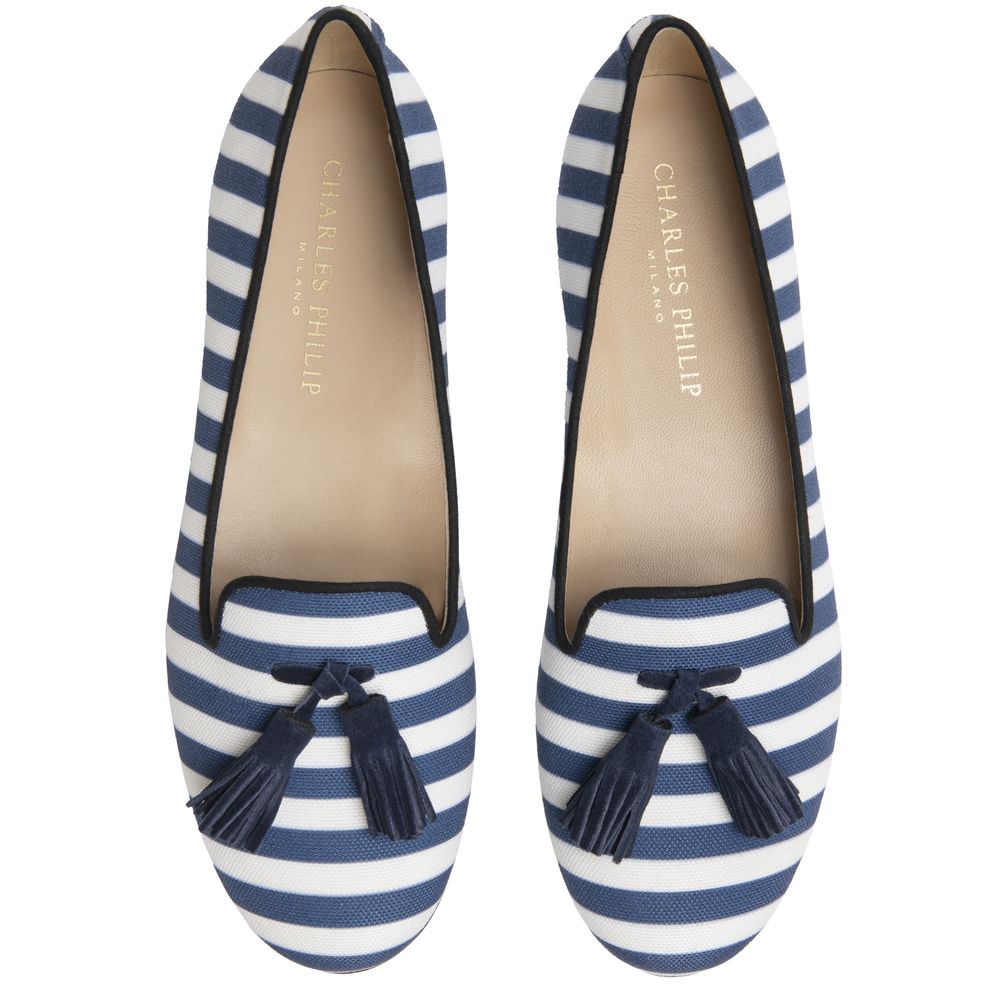 Charles Philip Blue Cotton Flat Shoe