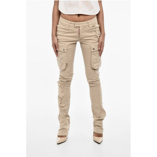 Dsquared² Regular Waist Cotton Twill Cargo Pants with Floral Applicati