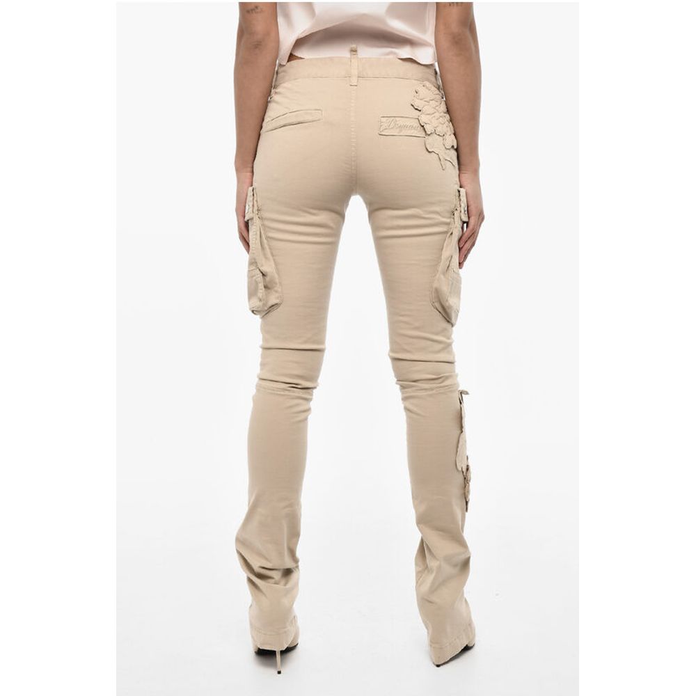 Dsquared² Regular Waist Cotton Twill Cargo Pants with Floral Applicati