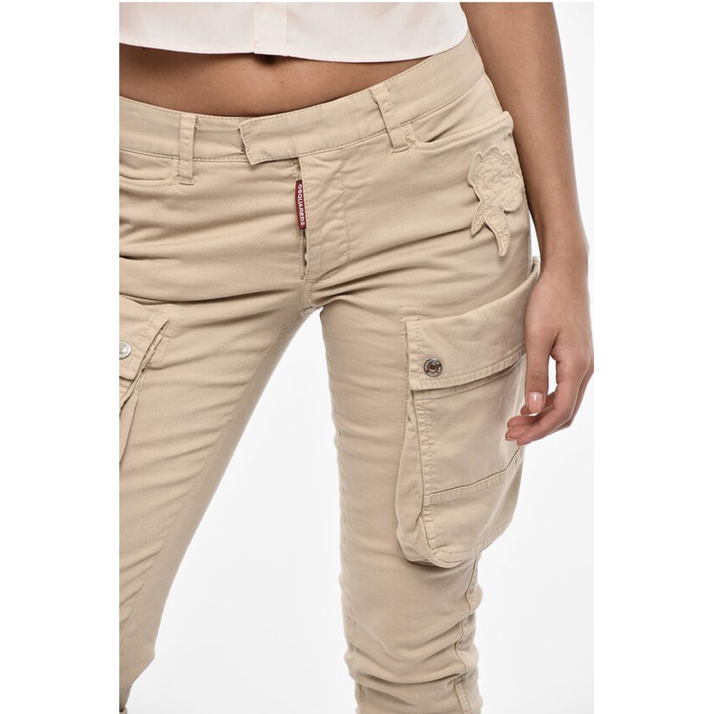 Dsquared² Regular Waist Cotton Twill Cargo Pants with Floral Applicati