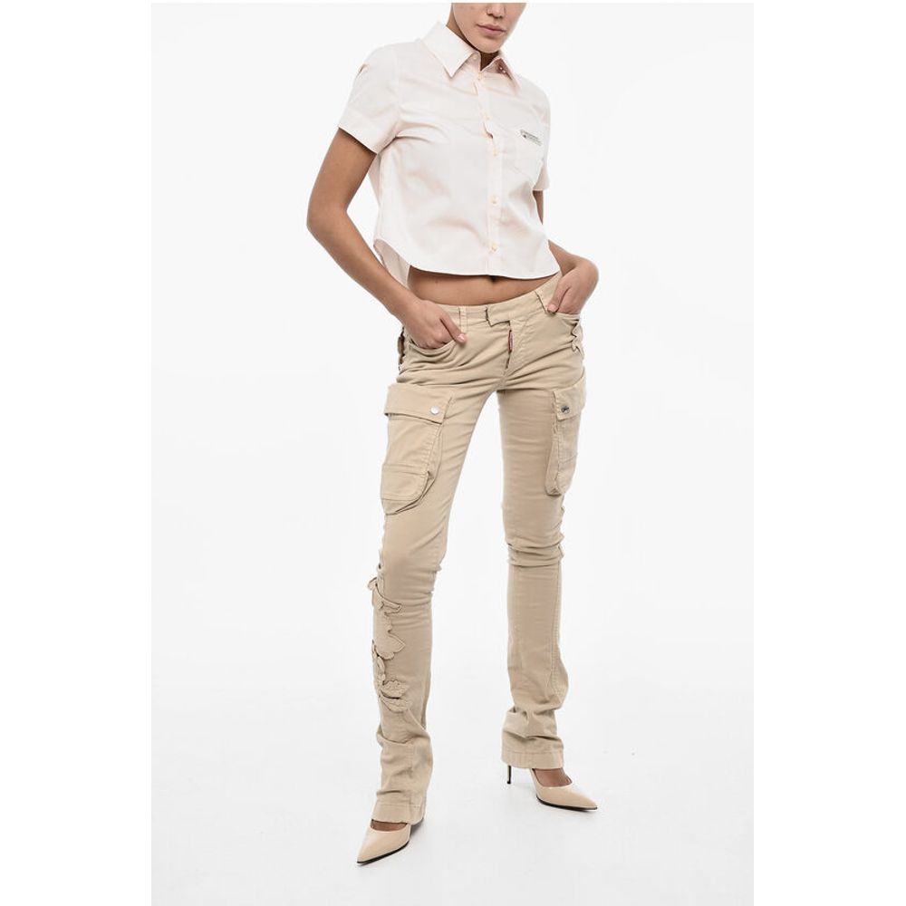 Dsquared² Regular Waist Cotton Twill Cargo Pants with Floral Applicati