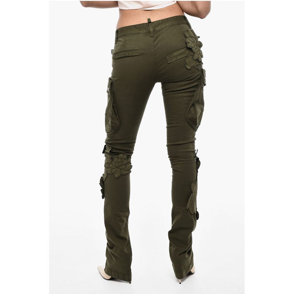 Dsquared² Regular Waist Cotton Twill Cargo Pants with Floral Applicati