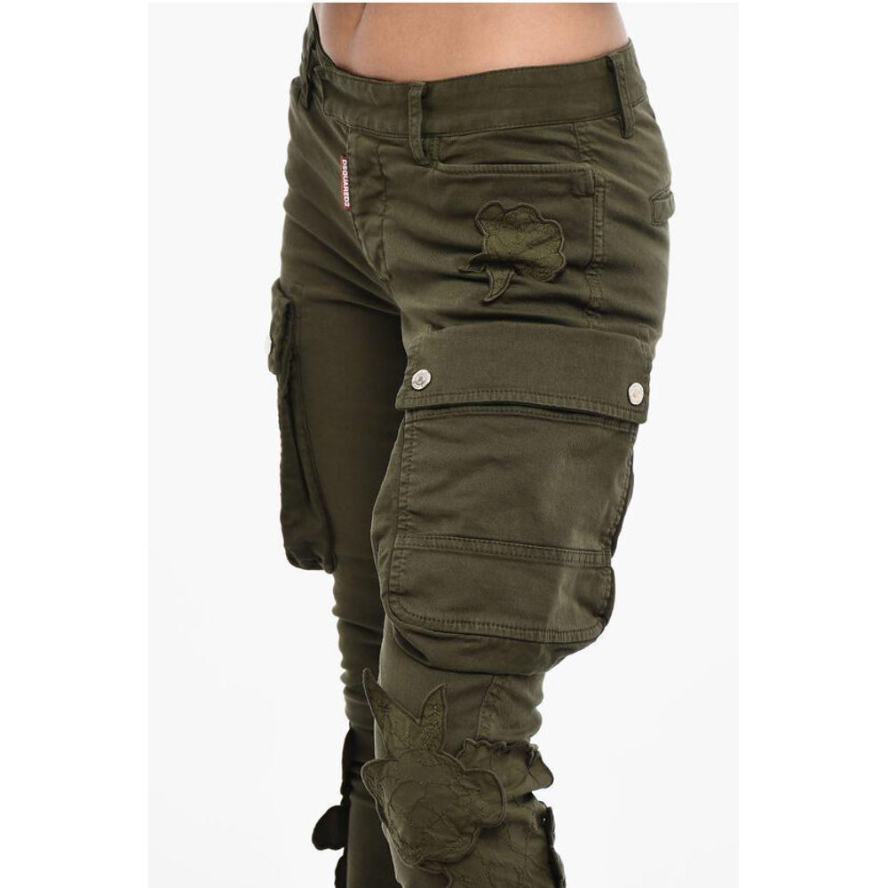 Dsquared² Regular Waist Cotton Twill Cargo Pants with Floral Applicati