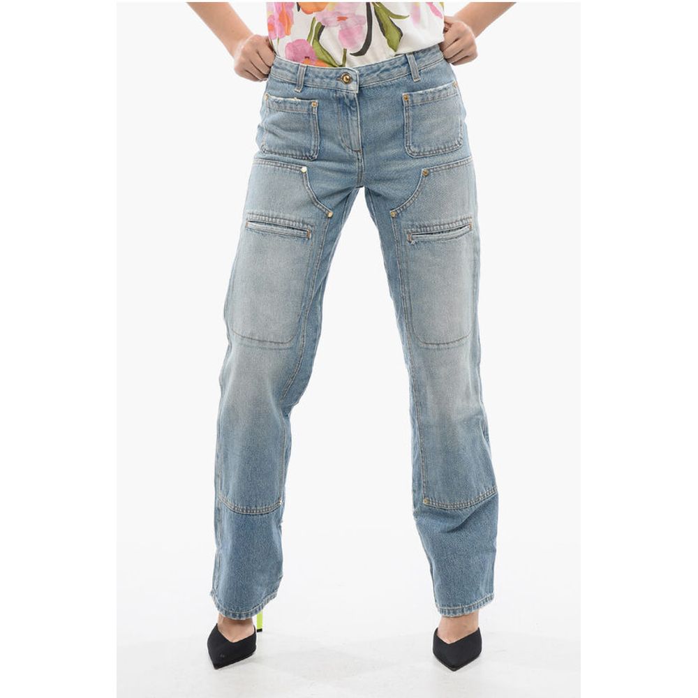 Palm Angels Light Washed Straight Fit Jeans With Knee-Panel