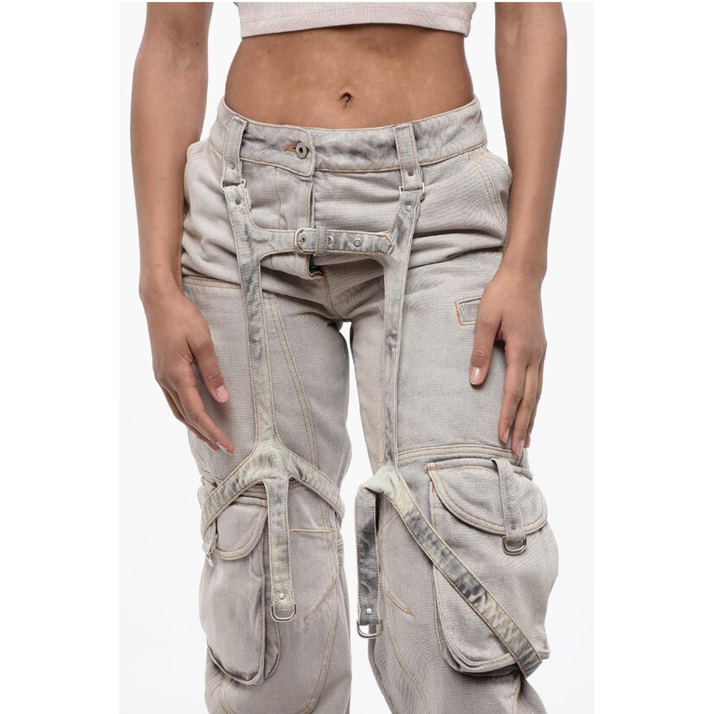 Off-White Bleached Effect Baggy Fit Cargo Pants with Harness-Style Det