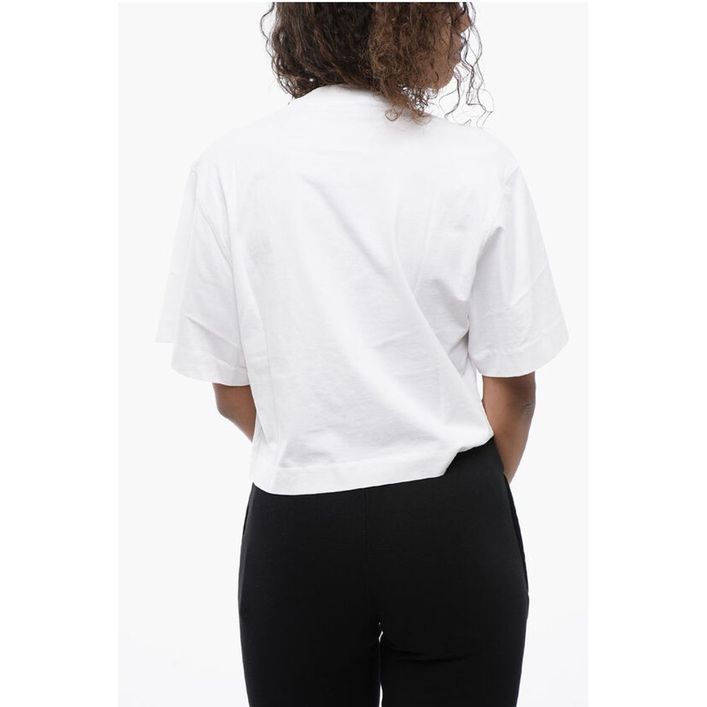 Off-White Crew-neck Crop T-Shirt with Rhinestones Embellished Logo