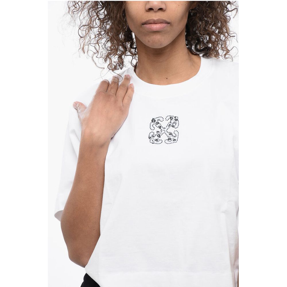 Off-White Crew-neck Crop T-Shirt with Rhinestones Embellished Logo