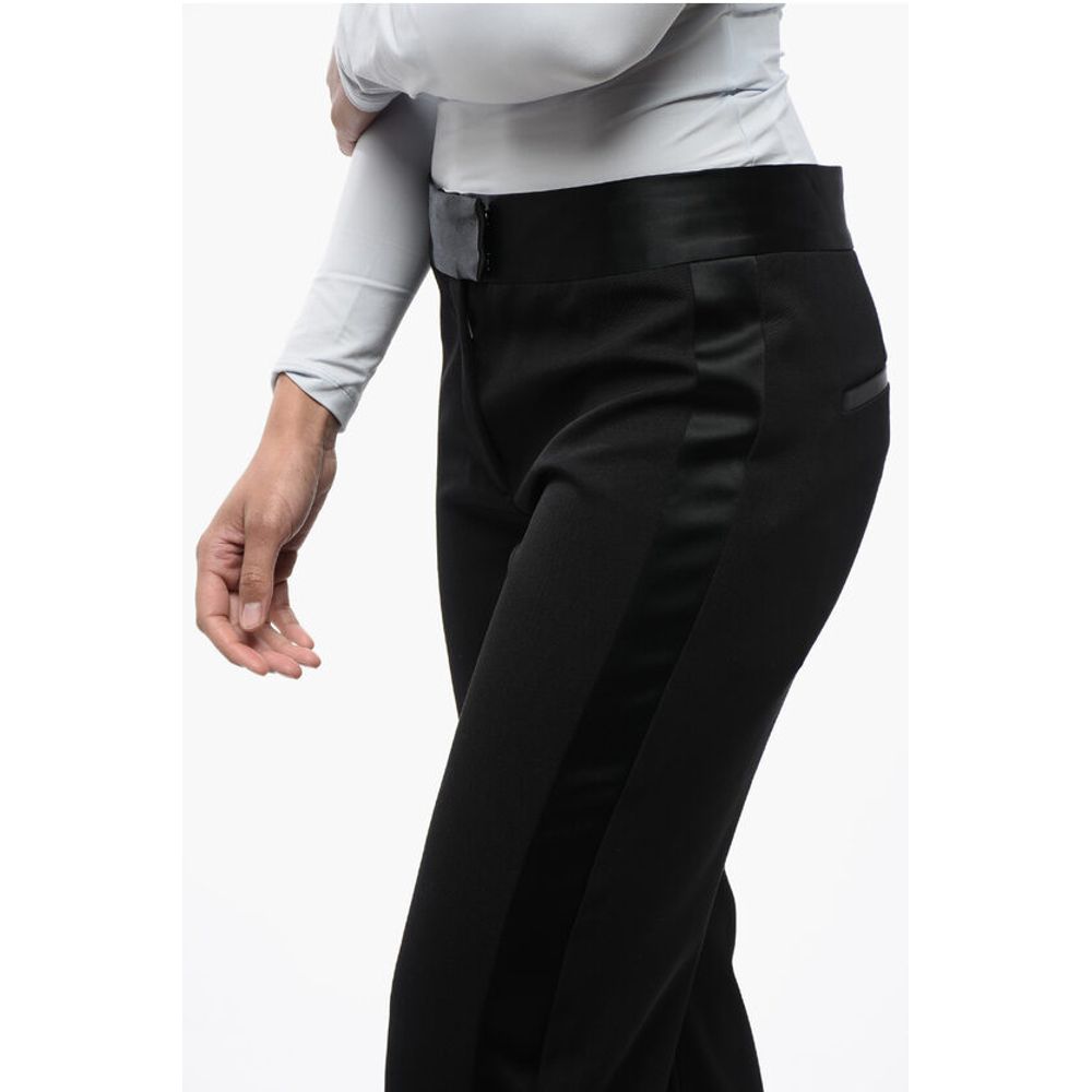 Off-White Virgin Wool Pants with Satin Trims and Ankle Slit