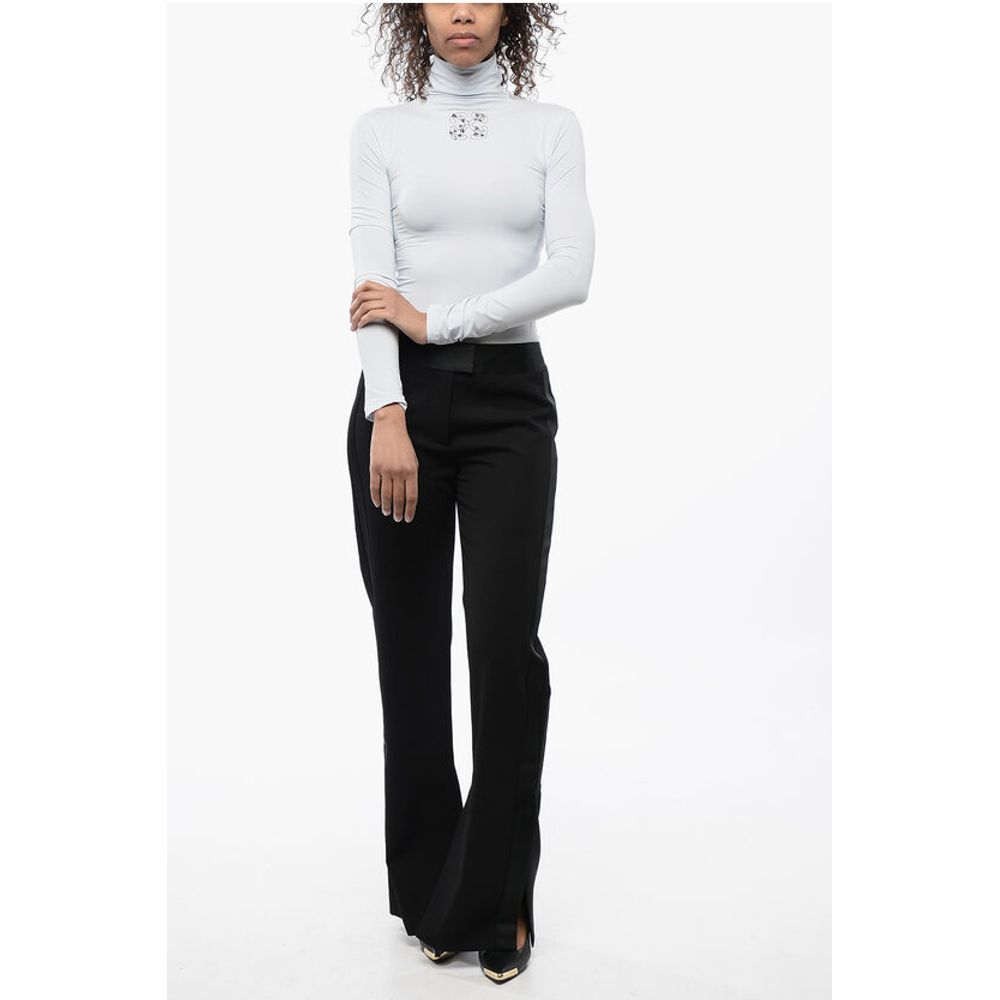 Off-White Virgin Wool Pants with Satin Trims and Ankle Slit