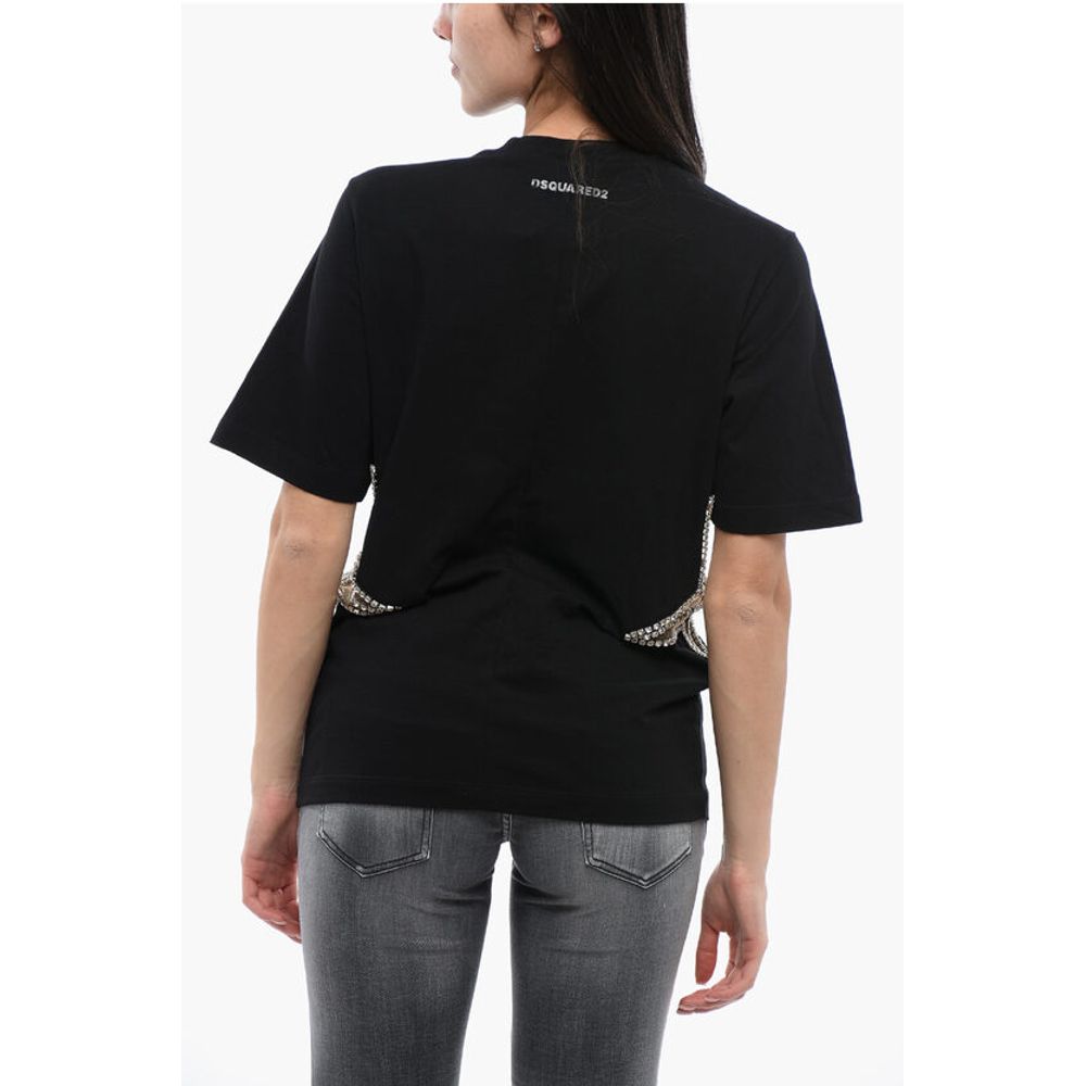 Dsquared² Crew Neck STAR T-Shirt with See Through Inserts and Rhinesto