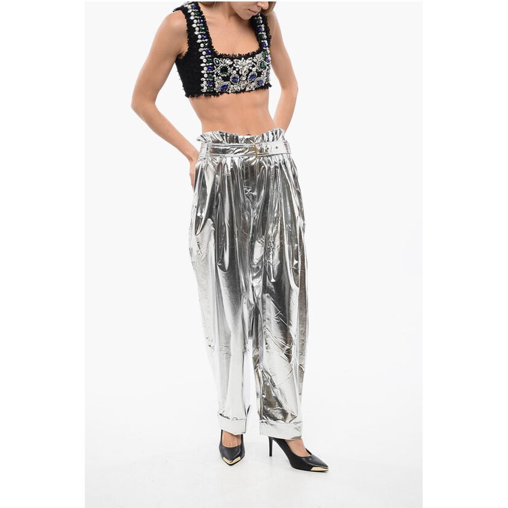 Balmain Pleated High-waisted Baggy-Fit Pants Metallic Effect